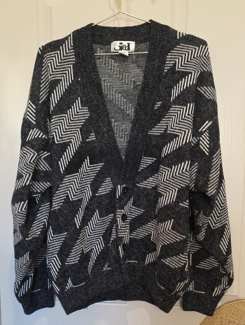 Jed Grandpa Geometric Black & White 3 Button Cardigan Sweater Unisex L VTG